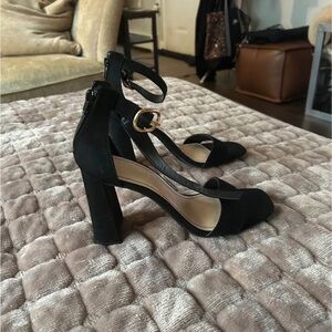 Rouge Helium Black Block Heels with Gold Buckle